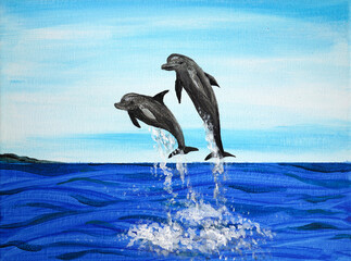 Artistic painting two dolphins jumping over the sea, show ocean. Picture contains interesting idea, evokes emotions, aesthetic pleasure. Canvas stretched, cardboard, oil natural paints. Concept art - 556509678