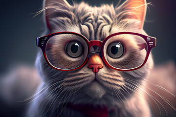 Portrait of intelligent cat in glasses, ai illustration