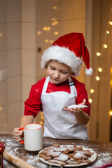Christmas. Adorable little boy eating Christmas cookies and drinking hot tea in the New Year's decorations. Winter holidays.