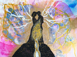 Artistic painting two people man and woman, golden three of love. Picture contains interesting idea, evokes emotions, aesthetic pleasure. Canvas stretched, cardboard, oil natural paints. Concept art - 556510058