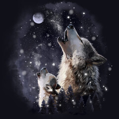 Wolf and puppy howling at the moon