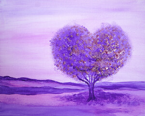 Artistic painting big violet tree, purple landscape. Fog mountains. Picture contains interesting idea, evokes emotions, aesthetic pleasure. Canvas stretched, cardboard, oil natural paints. Concept art - 556510272