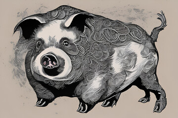 pig on grey background as greetings card concept for new year holiday season, Generative AI