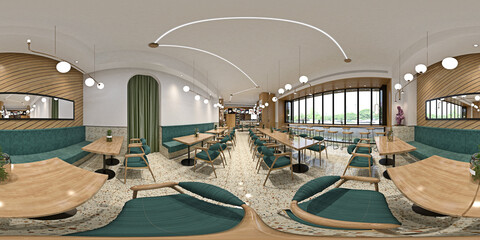 360 degrees view of cafe restaurant interior, 3d rendering