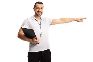 Male sports coach pointing and smiling
