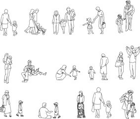 collection of vector illustration sketches of parents with children on white background