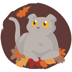 Cute cat in leaves flat style. Vector illustation