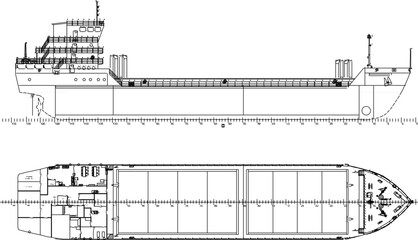 sketch vector black and white illustration of a large cargo ship