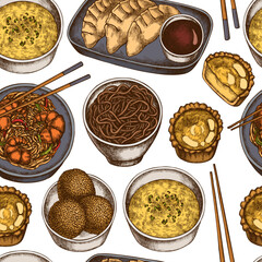 Asian food seamless pattern background design. Engraved style. Hand drawn jiaozi, jian dui, egg tart, noodles with shrimp, egg soup, noodles bowl.