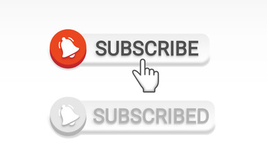 subsricbe bell button and hand cursor, red button subscribe banner to channel, blogging, marketing white background vector illustration