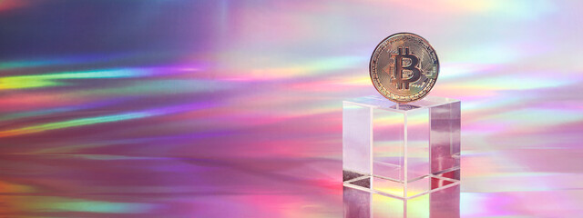 Golden bitcoin coin on podium on holographic, abstract, neon background. digital currency, business...