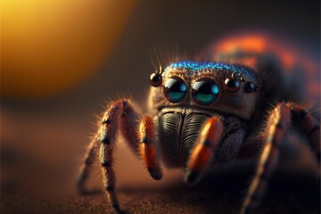 a close up of a spider with blue eyes and a black body and legs with a yellow background and a yellow light.