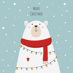 Merry Christmas greeting card, poster with cute bear