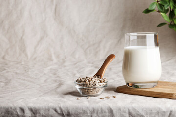 Sunflower seed milk in glass on textile background with plant. copy space. Raw diet meal. Healthy...
