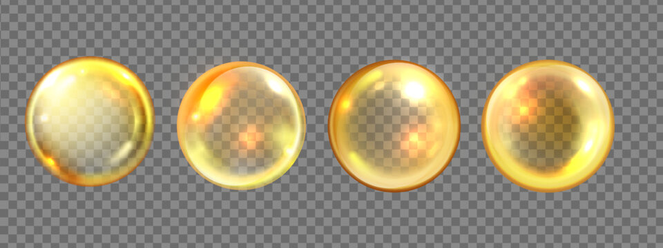 Castor oil, gold collagen circle set, 3D vector orange bubble kit, beauty vitamin product ball icon. Cosmetics liquid capsule crystal sphere transparent background. Gold collagen omega medial clipart