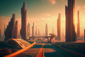 Fototapeta na wymiar Fantasy futuristic city, ai illustration