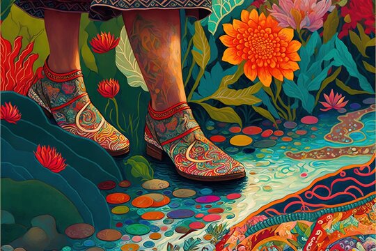 Lower close-up of the legs of a group of women walking next to a stream, magical illustration made with Generative AI