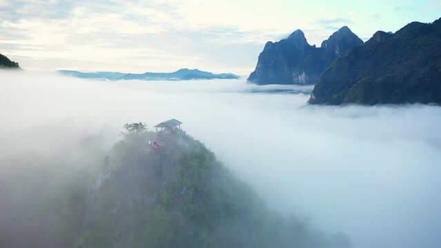 Aerial View Of Mountains In The Morning With Fog , Pha Daeng Peak Viewpoint, Luang Prabang, Laos
