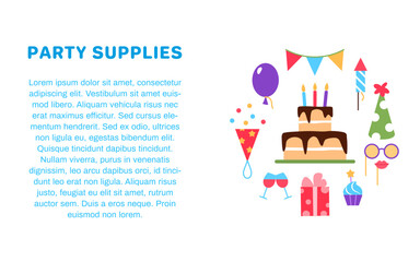 Party supplies banner flyer brochure template. Holiday Birthday event service card design. Bright colorful celebration background with flat elements space for text. Cake balloon vector illustration.