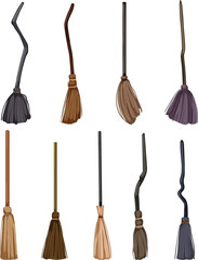 Naklejka premium witch broom set cartoon. magic old, handle tool, besom traditional, horror holiday, wizard witch broom vector illustration