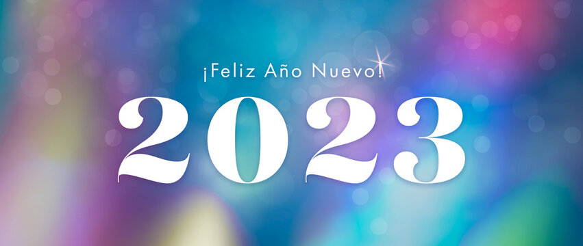 Banner tornasol de Feliz A&ntilde;o Nuevo 2023 con letras blancas 