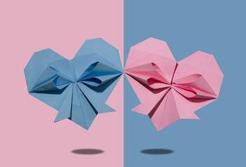 pink-blue heart on pink blue background, creative holiday concept
