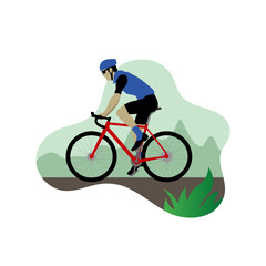 A man rides a bike. Mountain or city cycling. Adventure tourism travel concept of discovering, exploring, and observing nature. Biker culture concept. Relax in the park, exercise, and go to work.