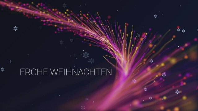 Estallido de color y felicitaci&oacute;n de navidad con copos de nieve e idioma alem&aacute;n