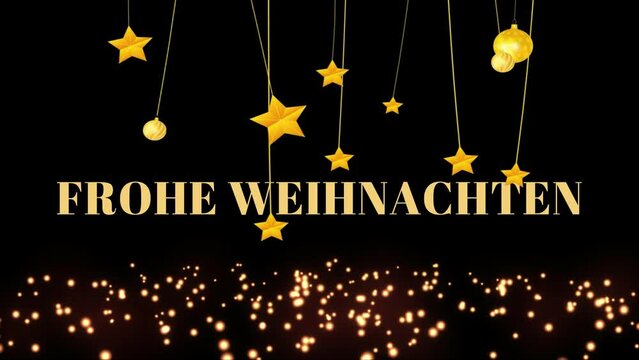 Feliz navidad en tonos dorados y estrellas meci&eacute;ndose e idioma alem&aacute;n