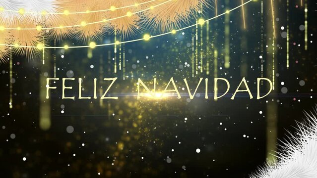 Felicitaci&oacute;n para navidad en tonos dorados y con plumas en espa&ntilde;ol