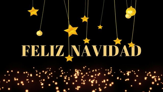 Feliz navidad en tonos dorados y estrellas meci&eacute;ndose e idioma espa&ntilde;ol