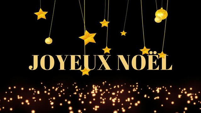 Feliz navidad en tonos dorados y estrellas meci&eacute;ndose e idioma franc&eacute;s