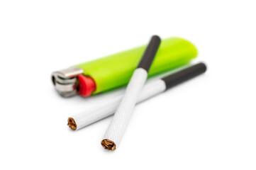 Cigarette lighter with cigarettes on white.