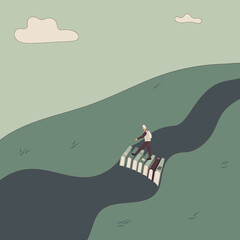 Concept: book is source of knowledge.Tiny man crosses river on bridge consisting of books. Book as aid in overcoming difficulties and obstacles in life.Hand-drawn raster