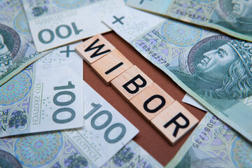 Inscription WIBOR next to polish money. WIBOR is Warsaw Interbank Offered Rate