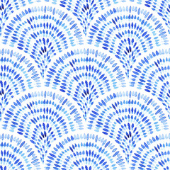 Cute wavy seamless watercolor pattern. Blue waves on a white background. Paper texture. Seigaiha ornament.