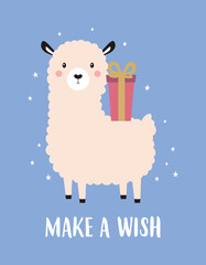greeting card of cute cartoon llama with gift