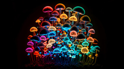 glowing colorful transparent mushrooms on black background, neural network generated art