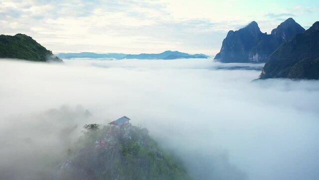 Aerial View Of Mountains In The Morning With Fog , Pha Daeng Peak Viewpoint, Luang Prabang, Laos
