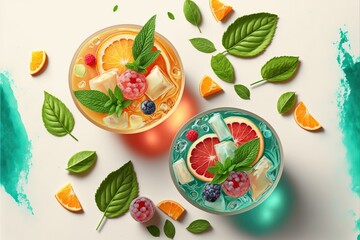 a glass of orange juice with mint and sliced fruit on the side of it and a glass of orange juice with mint and sliced fruit on the side.