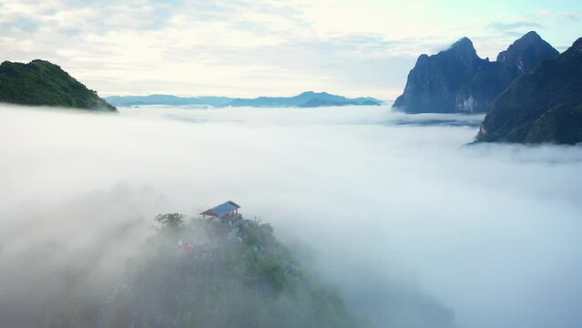 Aerial View Of Mountains In The Morning With Fog , Pha Daeng Peak Viewpoint, Luang Prabang, Laos
