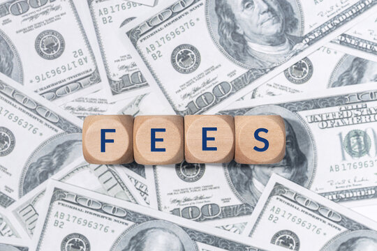 FEES word on wooden blocks and US dollar bills background