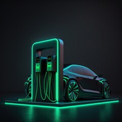 Fototapeta na wymiar Neon power plant, green technology, the future of the automotive industry. Electric vehicle charging. AI