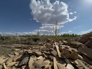 A pile of lumber for burning in the furnace. Harvesting firewood for winter for heating.