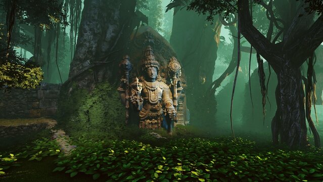 Sculptures of the ancient city lost in the jungle
