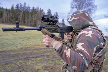 Member of the International Legion patrols. The war in Ukraine.Army soldier Patrolled the front...
