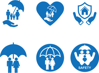 Life Insurance Icon Set, People Insurance Concept Design, Family Safety Insurance Icon Set, Blue vector