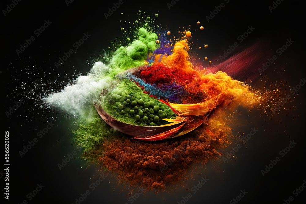 Poster a colorful powdered object is in the air with a black background and a black background with a white circle.