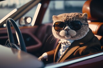 Cat wearing sunglasses driving car. Generative AI - obrazy, fototapety, plakaty