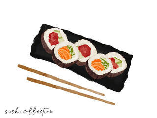 Sushi Roll Collection with salmon, tuna, avocado, cucumber on Black Stone Plate Background. Asian Sushi menu. Watercolor food.  Japanese cuisine. Vector illustration